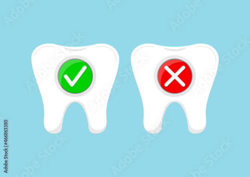 Tooth with check marks icon set. Dental true or fiction and wrong or correct test question. Flat cartoon design teeth clip art vector illustration.