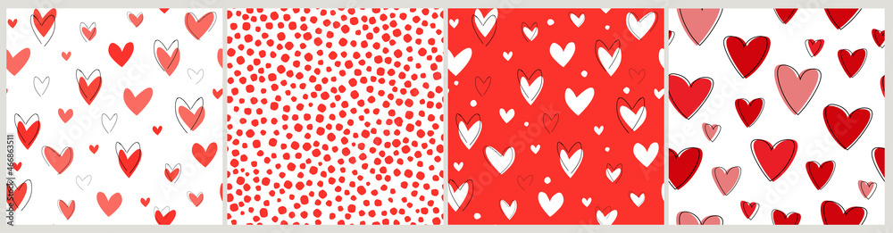 A set of seamless pattern gift boxes for Valentine's day, birthday, hearts, bows, cherry. Vector graphics. A set of seamless pattern gift boxes for Valentine's day, birthday, hearts, bows, cherry. Vector graphics.