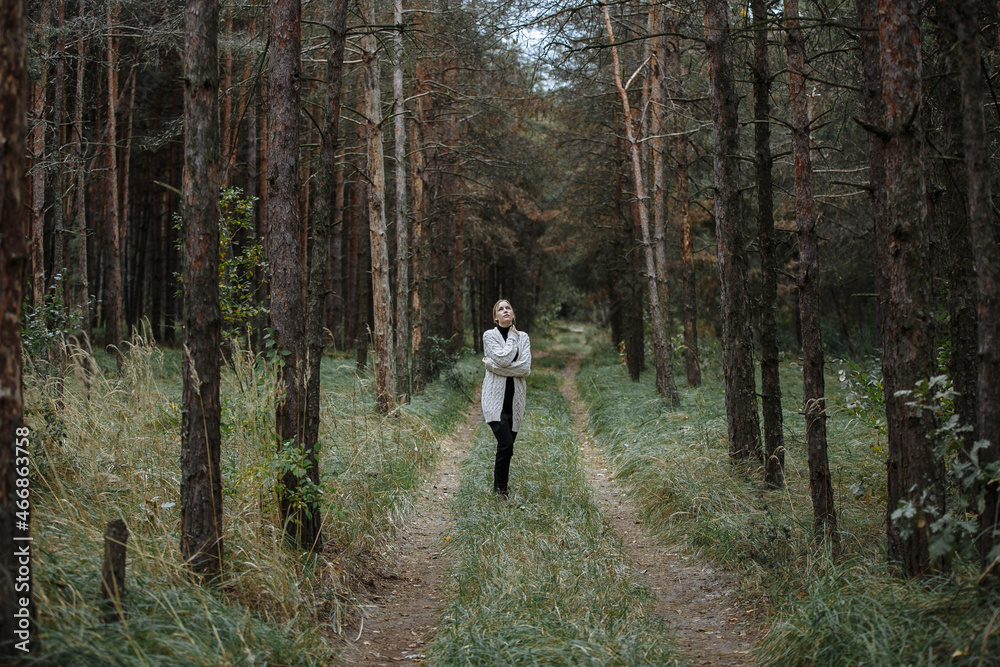 Fototapeta premium portrait of a girl in black with a light cape among the autumn forest