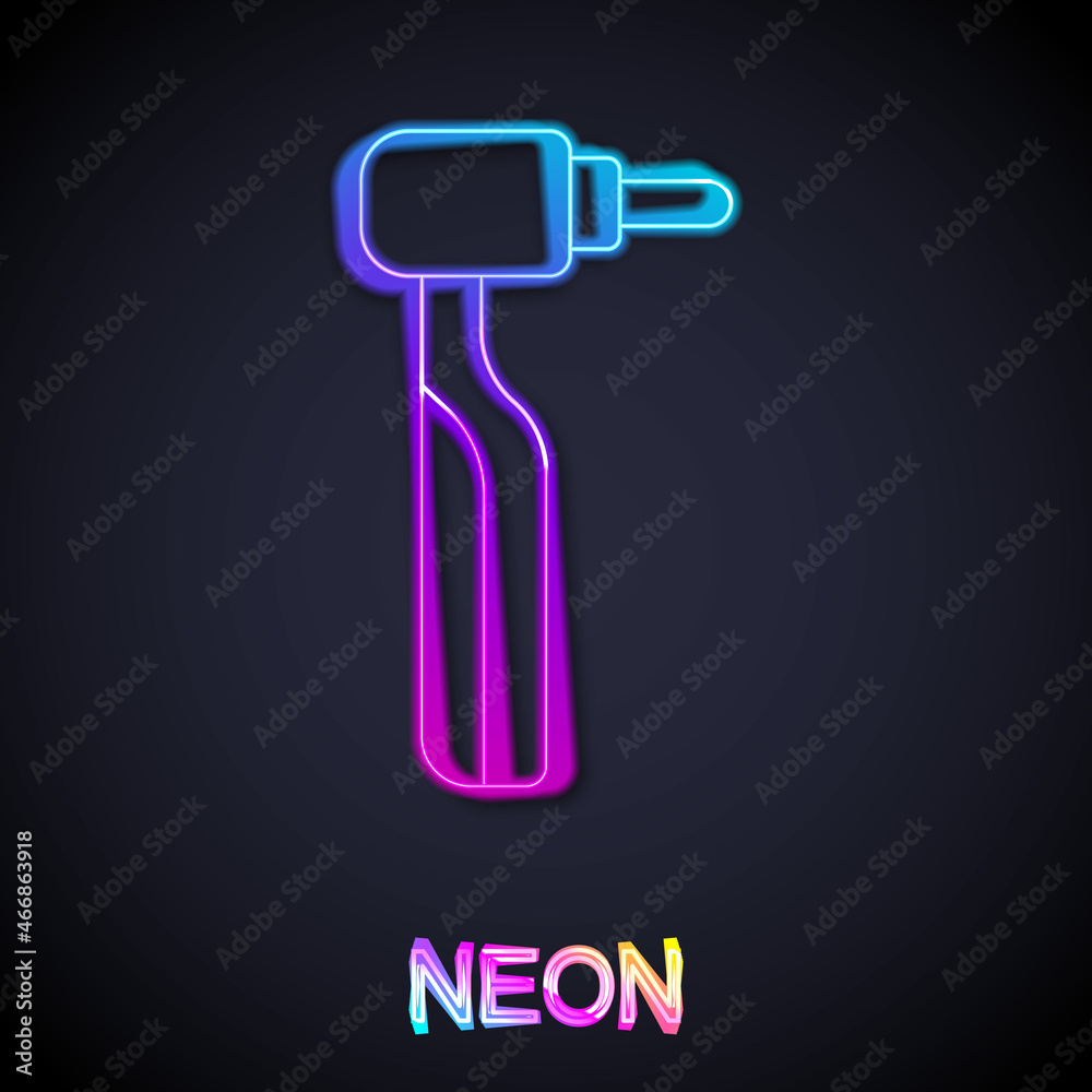 Glowing neon line Tooth drill icon isolated on black background. Dental handpiece for drilling and grinding tools. Vector Glowing neon line Tooth drill icon isolated on black background. Dental handpiece for drilling and grinding tools. Vector