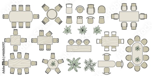 Kitchen and dining room furniture  top view. Set of colored elements for interior design of house, apartment, office. Interior icon, equipment, tables, chairs, sink. Furniture symbol set. Vector