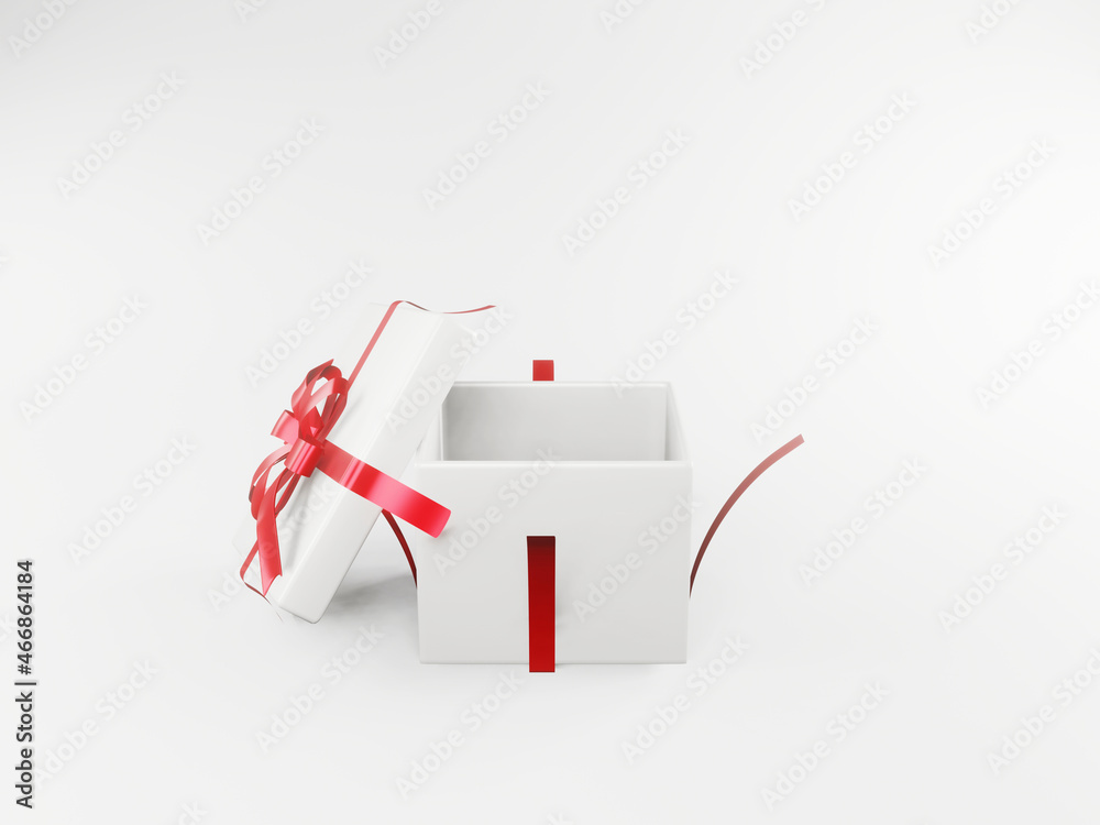 Open gift box or gift box with red ribbon and bow isolated on white background with 3d shadow rendering. Festival concept, gift-giving, special day, Christmas, valentines day and celebrations new Year Open gift box or gift box with red ribbon and bow isolated on white background with 3d shadow rendering. Festival concept, gift-giving, special day, Christmas, valentines day and celebrations new Year