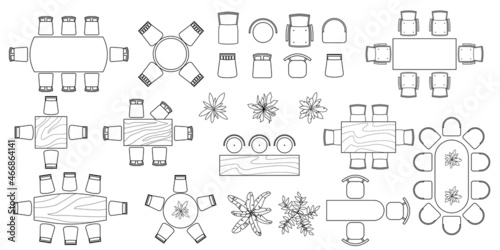Kitchen and dining room furniture  top view. Set of architectural elements for interior design of house, apartment, office. Interior icon, equipment, tables, chairs, sink. Furniture symbol set. Vector
