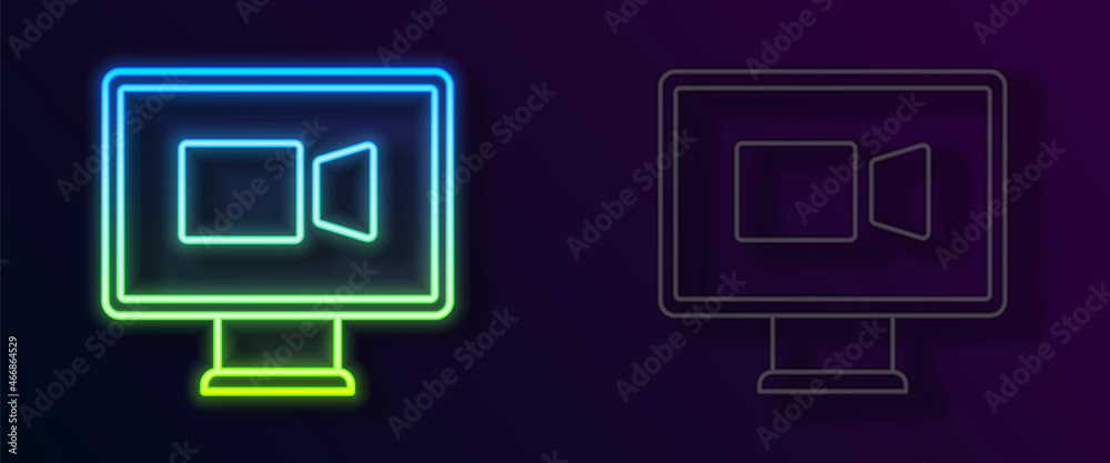Glowing neon line Video chat conference icon isolated on black background. Online meeting work form home. Remote project management. Vector Glowing neon line Video chat conference icon isolated on black background. Online meeting work form home. Remote project management. Vector