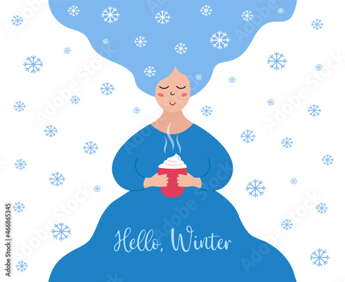 Hello, Winter text. Cute girl with snowflakes in blue long hair isolated. Longhair woman smiling and holding hot mug. Winter season concept. Vector flat illustration