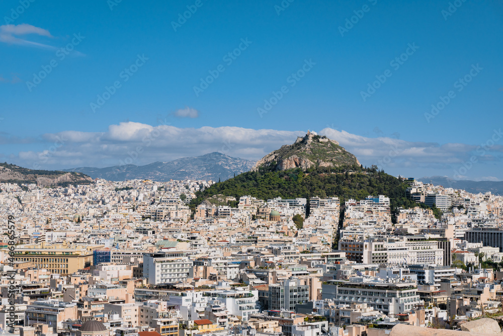 Lycabettus Hill in the city of Athens, Europe. City view to the famous mountain in the capital of Greece.