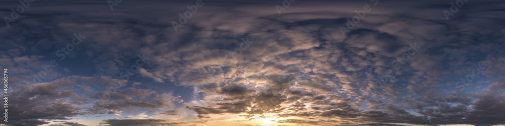 hdri 360 panorama of sunset sky with beautiful clouds in seamless projection with zenith for use in 3d graphics or game development as sky dome or edit drone shot for sky replacement