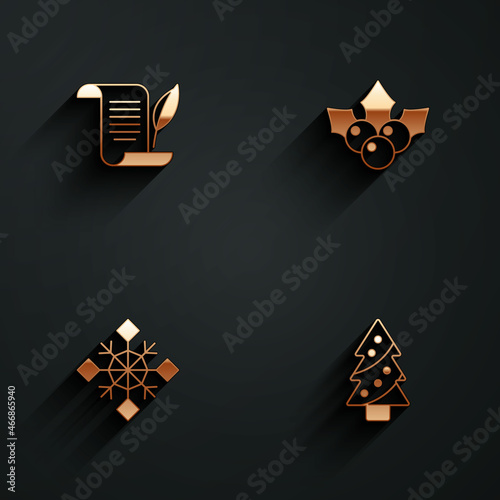 Set Envelope, Branch viburnum, Snowflake and Christmas tree icon with long shadow. Vector