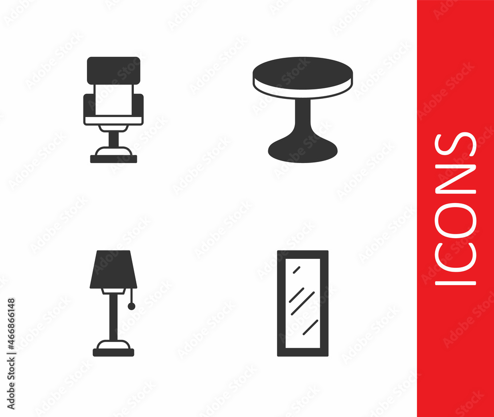 Set Big full length mirror, Office chair, Floor lamp and Round table icon. Vector
