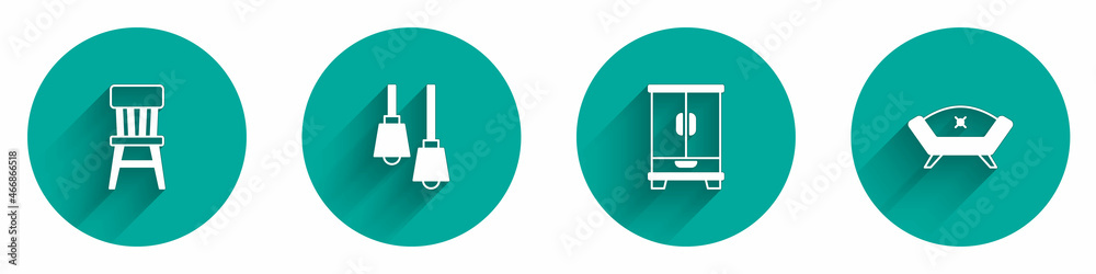 Set Chair, Lamp hanging, Wardrobe and Sofa icon with long shadow. Vector