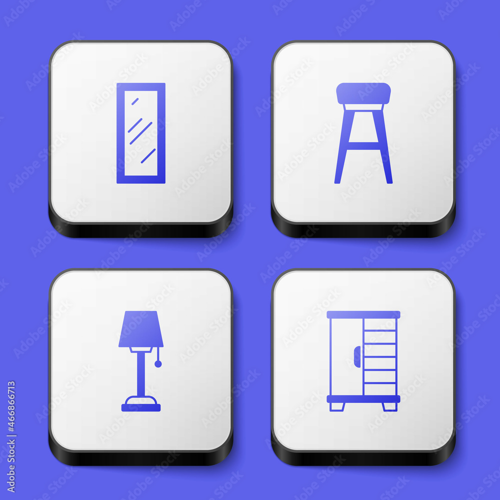 Set Big full length mirror, Chair, Floor lamp and Wardrobe icon. White square button. Vector Set Big full length mirror, Chair, Floor lamp and Wardrobe icon. White square button. Vector