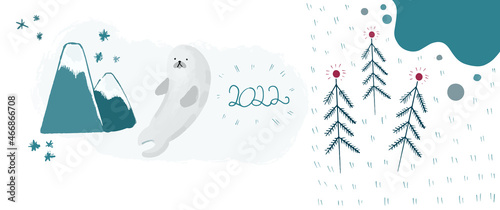 Winter postcard 2022, flat style, Christmas trees and seal, hugge