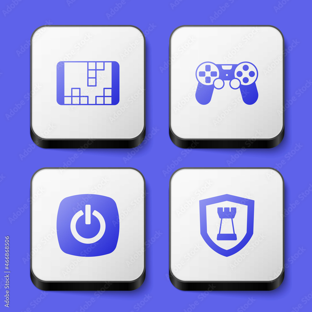 Set Portable video game console, Game controller joystick, Power button and Chess shield icon. White square button. Vector Set Portable video game console, Game controller joystick, Power button and Chess shield icon. White square button. Vector