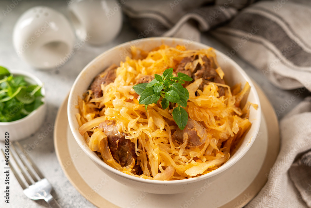 Braised (stewed) cabbage or bigos with turkey meat in a ceramic plate on a light culinary background. Traditional Polish dish Braised (stewed) cabbage or bigos with turkey meat in a ceramic plate on a light culinary background. Traditional Polish dish