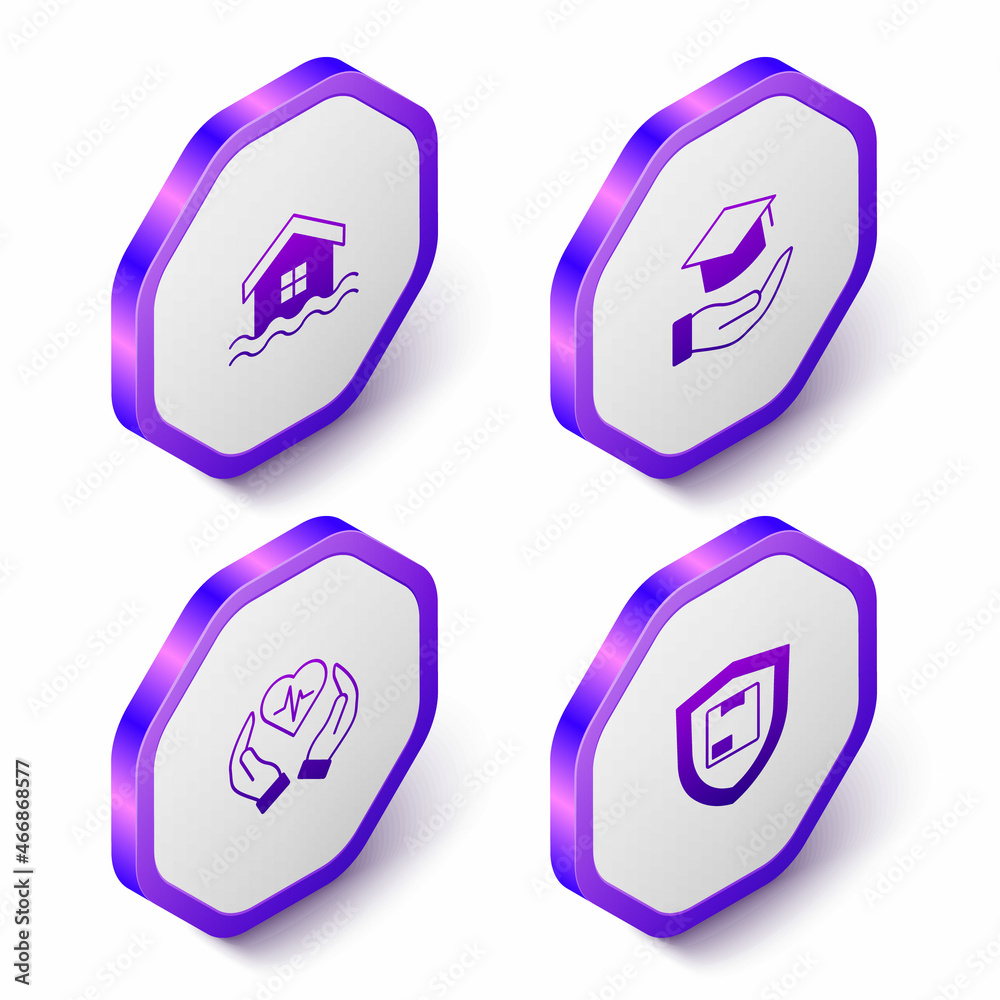 Set Isometric House flood, Education grant, Life insurance and Delivery security with shield icon. Purple hexagon button. Vector Set Isometric House flood, Education grant, Life insurance and Delivery security with shield icon. Purple hexagon button. Vector