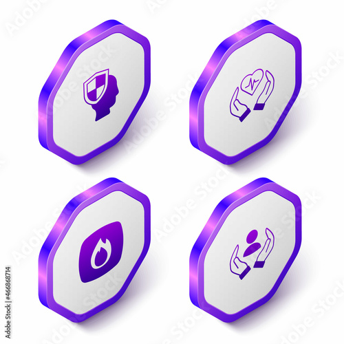 Set Isometric Life insurance with shield, Fire flame and icon. Purple hexagon button. Vector