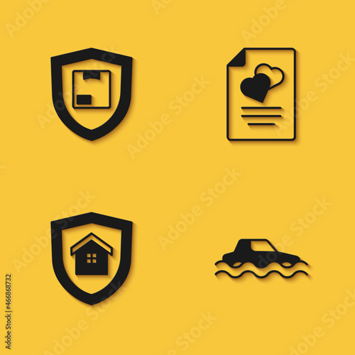 Set Delivery security with shield, Flood car, House and Marriage contract icon with long shadow. Vector