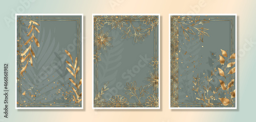 Cards set with watercolor and gold plants. Abstract art vector with gold elements. Effective cards with botanical leaves and organic shapes. Watercolor style. Space for your own design.