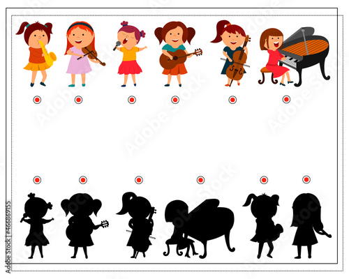 A logical game for children to find the right shadow. children are musicians. vector isolated on a white background.
