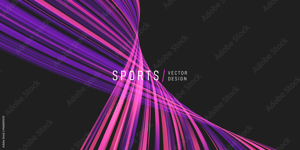 Abstract vector dark background with bright striped wave twisting and creating curve in space