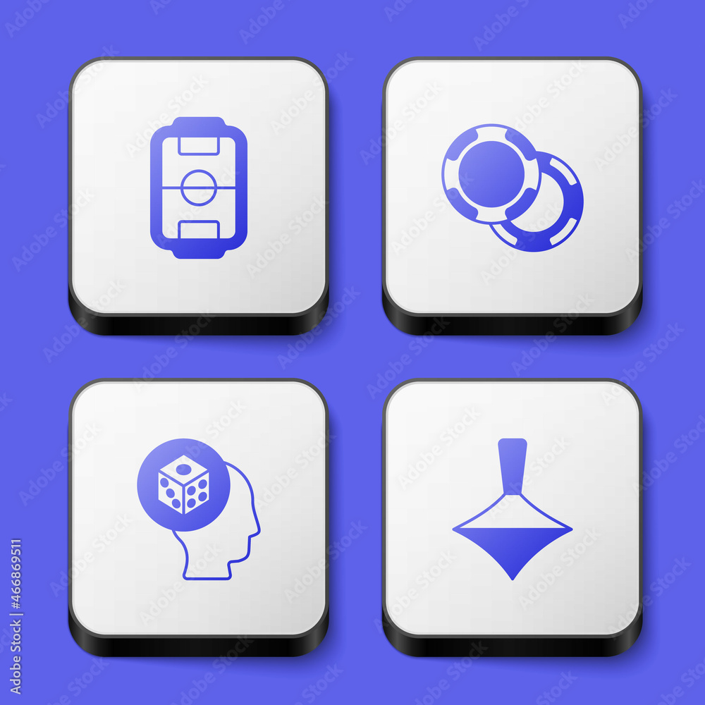 Set Table football, Casino chips, Game dice and Whirligig toy icon. White square button. Vector Set Table football, Casino chips, Game dice and Whirligig toy icon. White square button. Vector