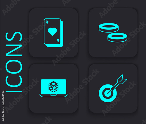 Set Classic dart board and arrow, Playing cards, Checker game chips and Game dice icon. Black square button. Vector