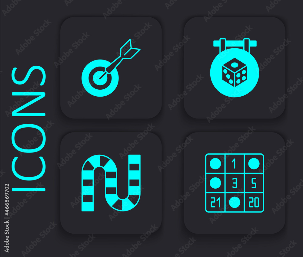 Set Bingo card, Classic dart board and arrow, Game dice and Board game icon. Black square button. Vector Set Bingo card, Classic dart board and arrow, Game dice and Board game icon. Black square button. Vector