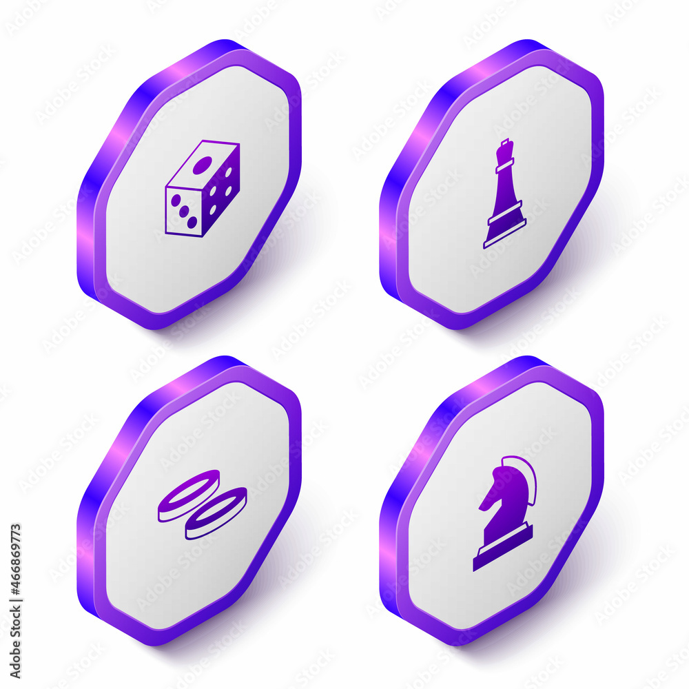 Set Isometric Game dice, Chess, Checker game chips and icon. Purple hexagon button. Vector