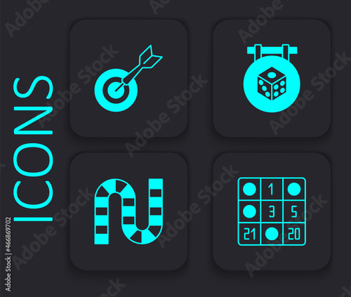 Set Bingo card, Classic dart board and arrow, Game dice and Board game icon. Black square button. Vector