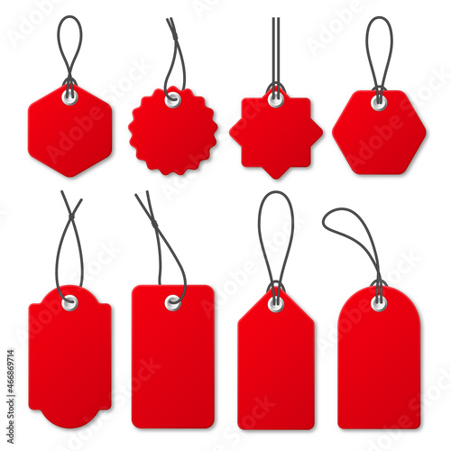Realistic red price tags collection. Special offer or shopping discount label. Retail paper sticker. Promotional sale badge. Vector illustration.