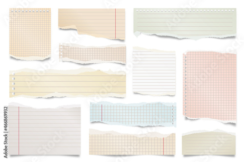 Colorful ripped paper strips isolated on white background. Realistic lined paper scraps with torn edges. Sticky notes, shreds of notebook pages. Vector illustration.