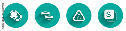 Set Casino chips, Checker game, Billiard balls triangle and Bingo icon with long shadow. Vector