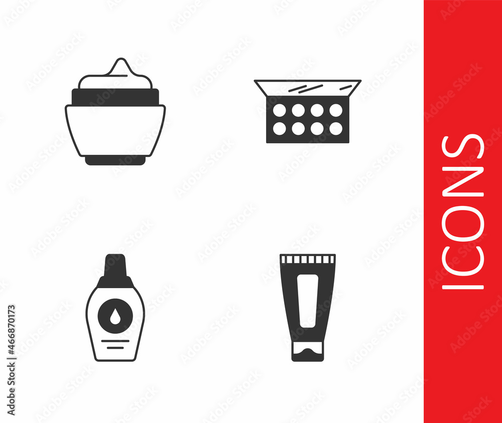 Set Cream or lotion cosmetic tube, Bottle of shampoo and Makeup powder with mirror icon. Vector