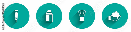 Set Cream or lotion cosmetic tube, Deodorant roll, Makeup brush and Shaving foam hand icon with long shadow. Vector