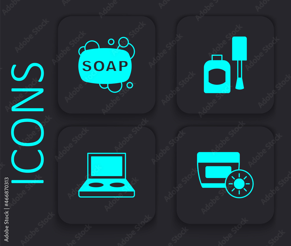 Set Sunscreen cream in tube, Bar of soap, Bottle nail polish and Eye shadow palette with brush icon. Black square button. Vector Set Sunscreen cream in tube, Bar of soap, Bottle nail polish and Eye shadow palette with brush icon. Black square button. Vector