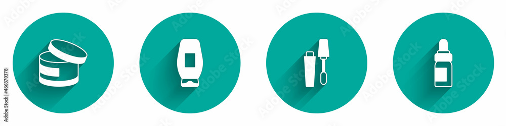 Set Cream or lotion cosmetic tube, Bottle of shampoo, Mascara brush and Essential oil bottle icon with long shadow. Vector Set Cream or lotion cosmetic tube, Bottle of shampoo, Mascara brush and Essential oil bottle icon with long shadow. Vector