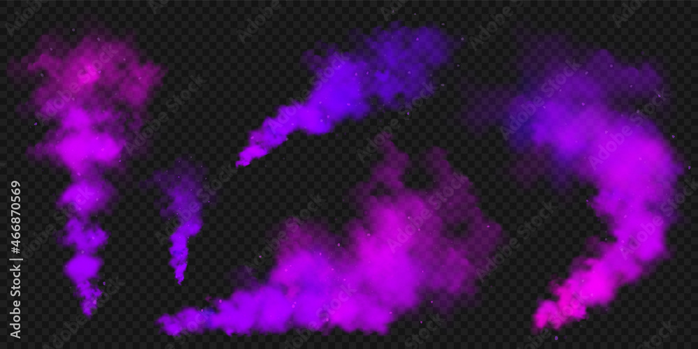Realistic purple colorful smoke clouds, mist effect. Colored fog on dark background. Vapor in air, steam flow. Vector illustration.