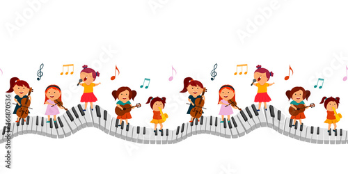 seamless border, girls with musical instruments stand on the piano keys. vector isolated on a white background.