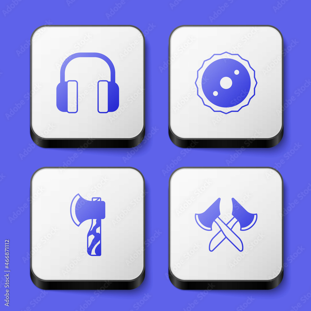 Set Headphones, Circular saw blade, Wooden axe and icon. White square button. Vector Set Headphones, Circular saw blade, Wooden axe and icon. White square button. Vector