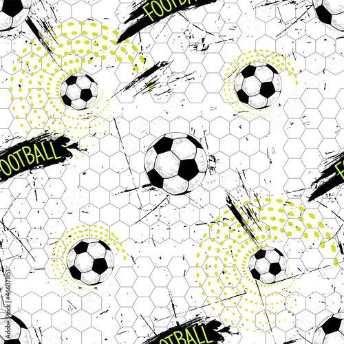 football pattern for guys textiles. Soccer ball, soccer slogan, grunge texture and geometric elements