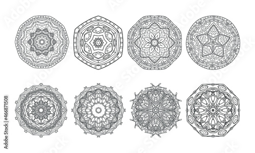 Set of abstract circular patterns in form of mandala with geometry elements and small details. Vector illustrations for coloring book, henna, mehndi, tattoo, logo