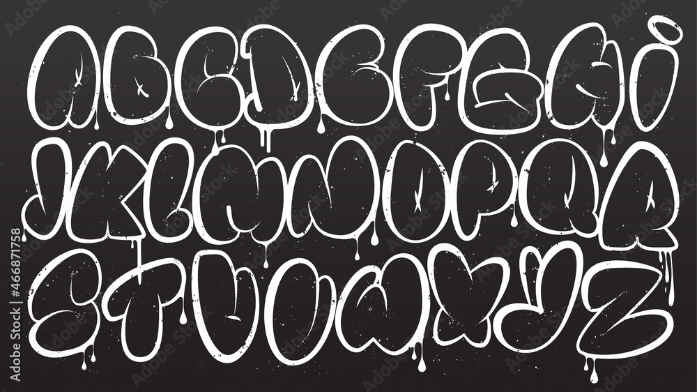 Graffiti alphabet. Bubble graffiti letters outline. White uppercase letters with texture effect, drips, and spray effect on dark background. Graffiti font. - obrazy, fototapety, plakaty 