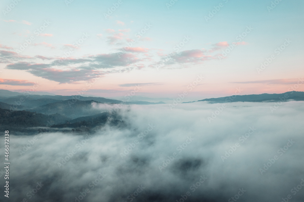 morning fog in the mountains high angle view