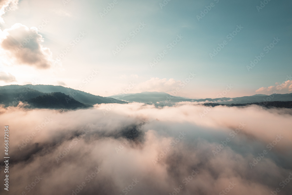 morning fog in the mountains high angle view