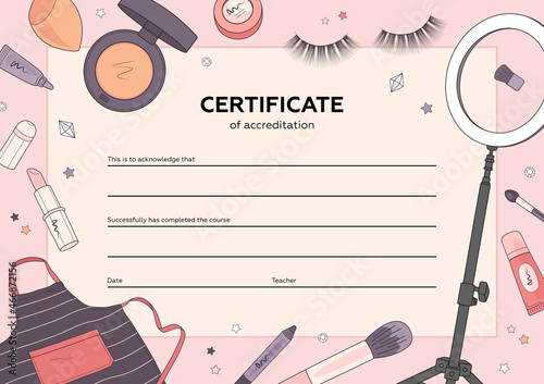Diploma makeup artist. Makeup certificate template. Beauty school or refresher courses for beautician. Vector illustration