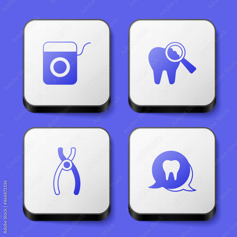 Set Dental floss, Broken tooth, pliers and Tooth icon. White square button. Vector