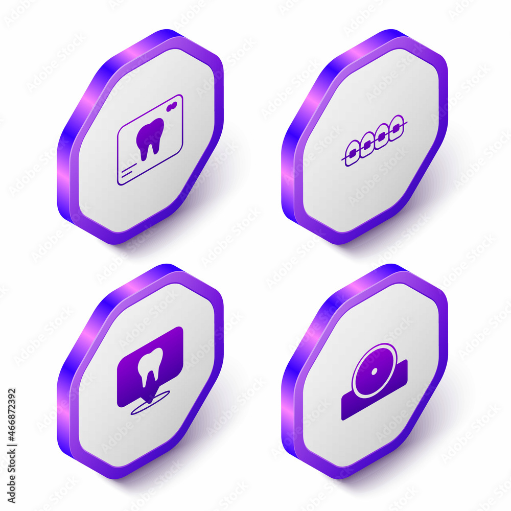 Set Isometric X-ray of tooth, Teeth with braces, Dental clinic location and Otolaryngological head reflector icon. Purple hexagon button. Vector Set Isometric X-ray of tooth, Teeth with braces, Dental clinic location and Otolaryngological head reflector icon. Purple hexagon button. Vector