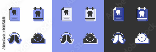 Set Otolaryngological head reflector, Clipboard with dental card, Dental tooth plate and Calendar icon. Vector