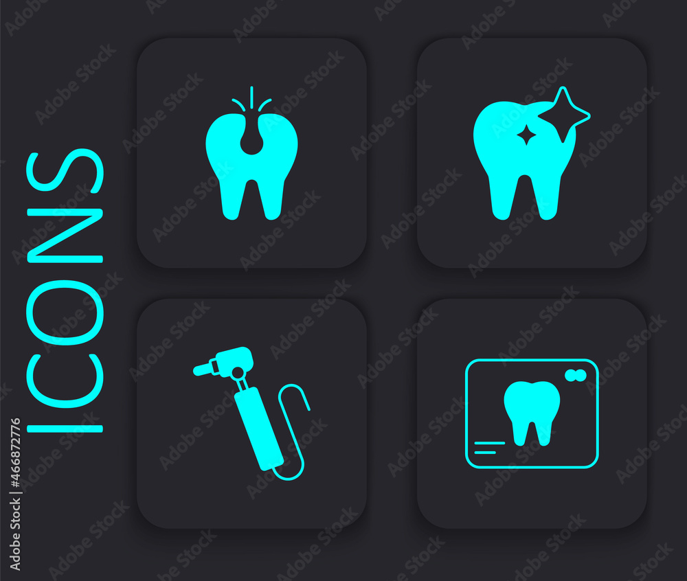 Set X-ray of tooth, Broken, Tooth whitening and drill icon. Black square button. Vector Set X-ray of tooth, Broken, Tooth whitening and drill icon. Black square button. Vector