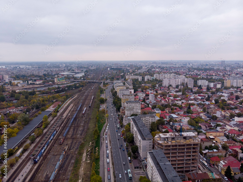 Fototapeta premium Aerial autumn view of Basarab station, many railways. Bucharest. Romania
